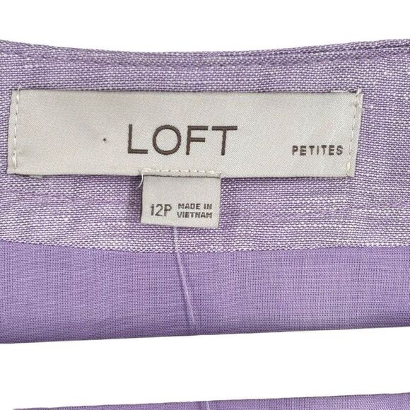 LOFT Orchid Flash Linen Button Front V-Neck Puff Sleeve Dress Size 12 Petite NWT - Picture 2 of 10